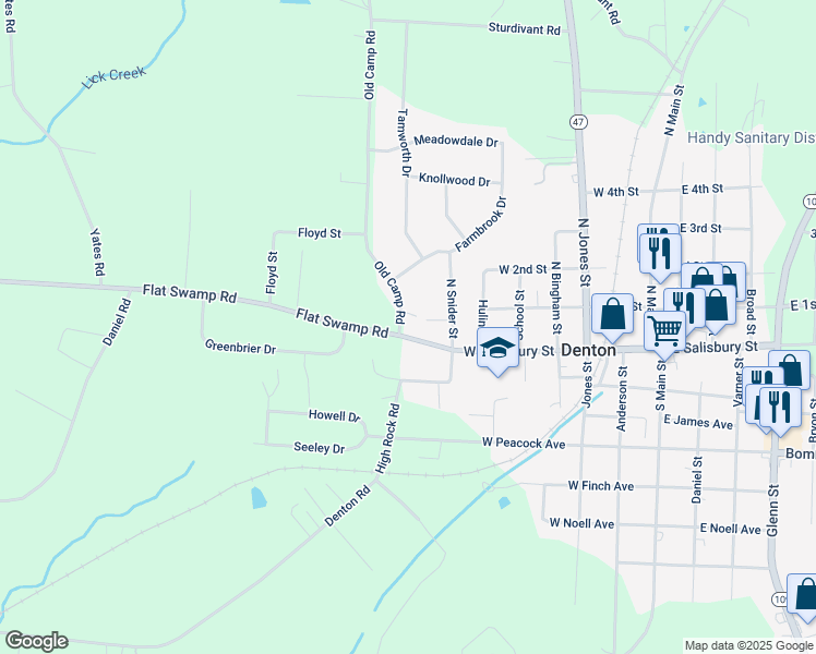 map of restaurants, bars, coffee shops, grocery stores, and more near 44 Old Camp Road in Denton