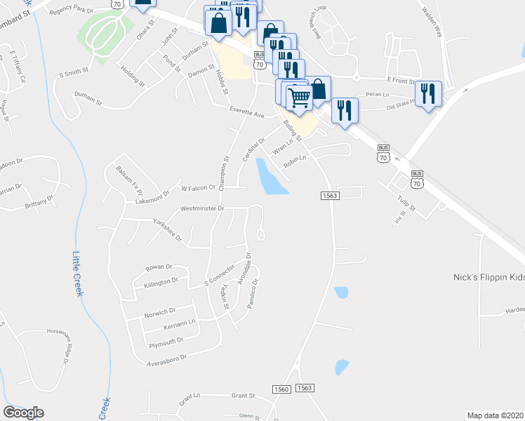 map of restaurants, bars, coffee shops, grocery stores, and more near 201 Commodore Street in Clayton