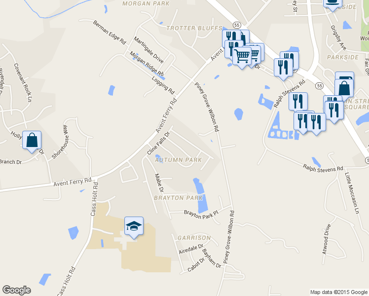 map of restaurants, bars, coffee shops, grocery stores, and more near 133 Smith Rock Drive in Holly Springs