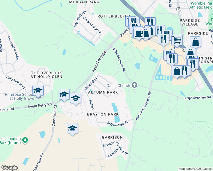 map of restaurants, bars, coffee shops, grocery stores, and more near 133 Smith Rock Drive in Holly Springs