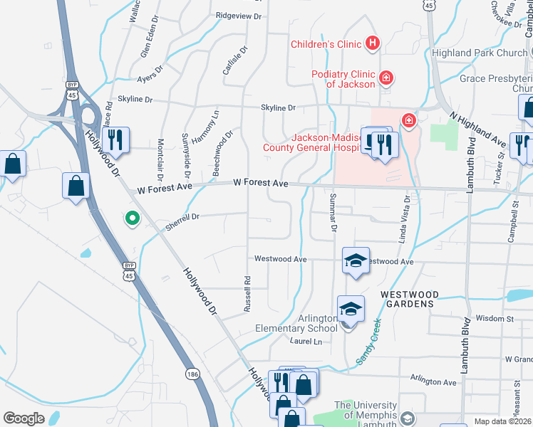 map of restaurants, bars, coffee shops, grocery stores, and more near 18 Lashawte Circle in Jackson