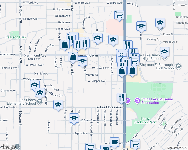 map of restaurants, bars, coffee shops, grocery stores, and more near 309 Mamie Street in Ridgecrest