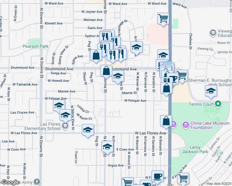 map of restaurants, bars, coffee shops, grocery stores, and more near 722 North Norma Street in Ridgecrest