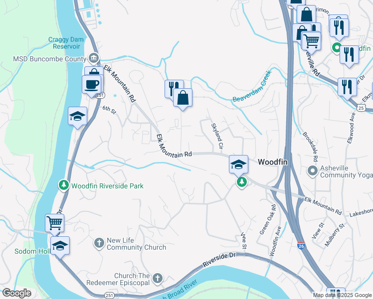 map of restaurants, bars, coffee shops, grocery stores, and more near 169 Elk Mountain Road in Woodfin