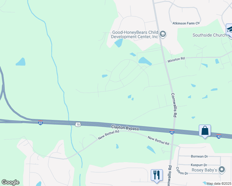 map of restaurants, bars, coffee shops, grocery stores, and more near Oak Branch Trail in Johnston County