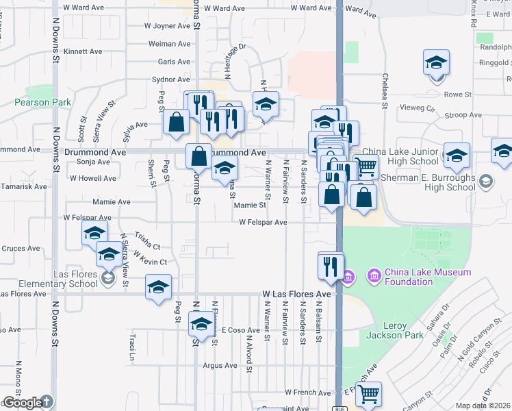 map of restaurants, bars, coffee shops, grocery stores, and more near 313 Mamie Street in Ridgecrest