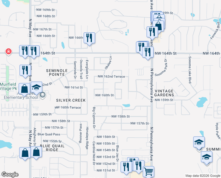 map of restaurants, bars, coffee shops, grocery stores, and more near 2324 Northwest 161st Terrace in Edmond