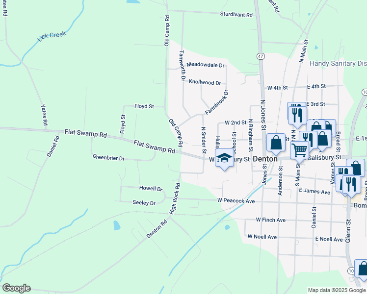 map of restaurants, bars, coffee shops, grocery stores, and more near 44 Old Camp Road in Denton