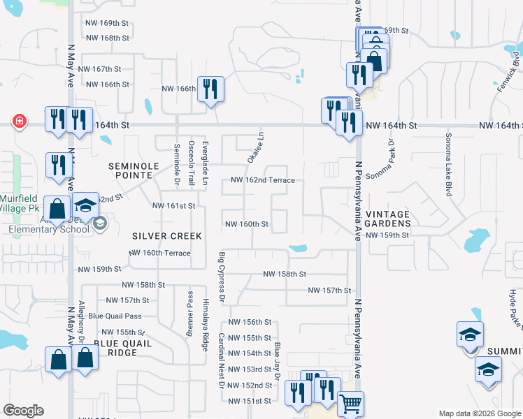 map of restaurants, bars, coffee shops, grocery stores, and more near 2324 Northwest 161st Terrace in Edmond