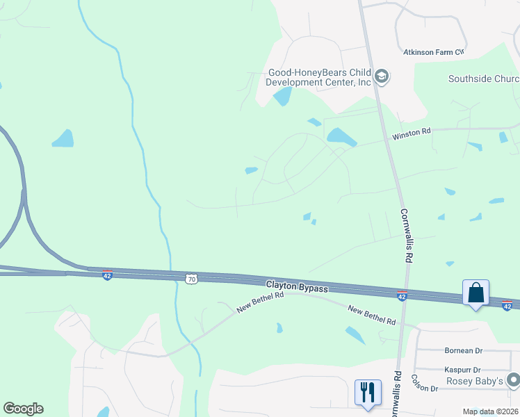 map of restaurants, bars, coffee shops, grocery stores, and more near 525 Oak Branch Trail in Garner