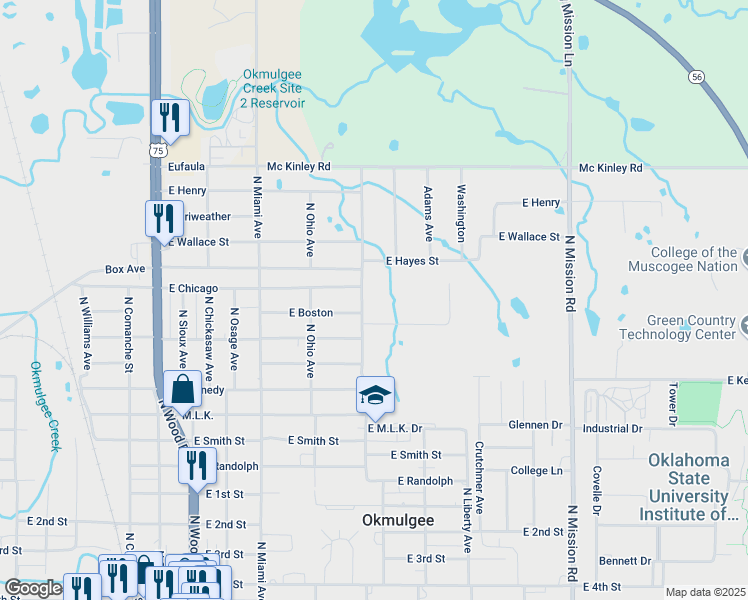 map of restaurants, bars, coffee shops, grocery stores, and more near 1123 North Wilson Avenue in Okmulgee