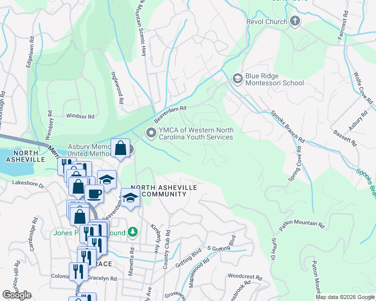 map of restaurants, bars, coffee shops, grocery stores, and more near 132 Beaver Ridge Road in Asheville