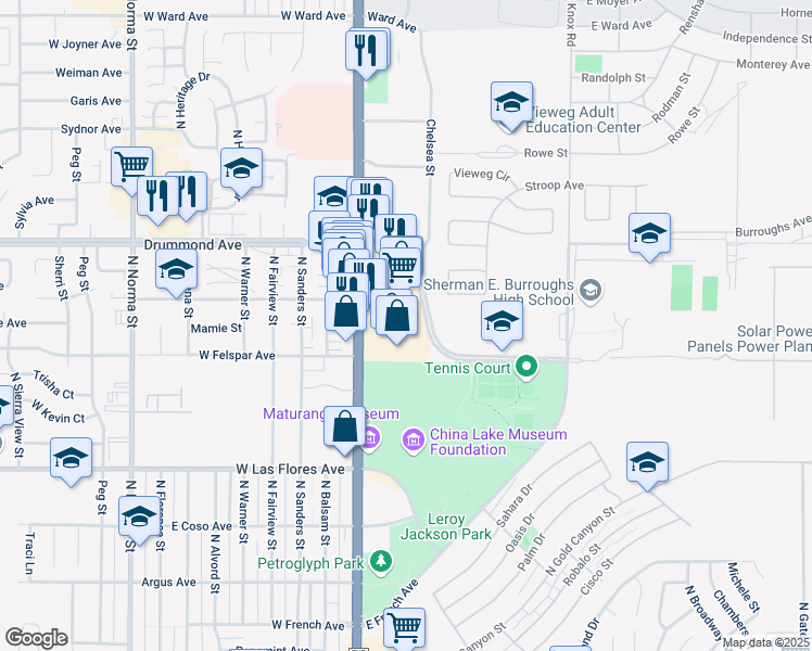 map of restaurants, bars, coffee shops, grocery stores, and more near Drummond Ave in Ridgecrest
