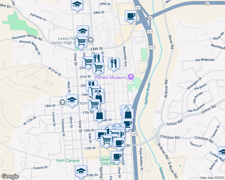 map of restaurants, bars, coffee shops, grocery stores, and more near 1915 Pine Street in Paso Robles