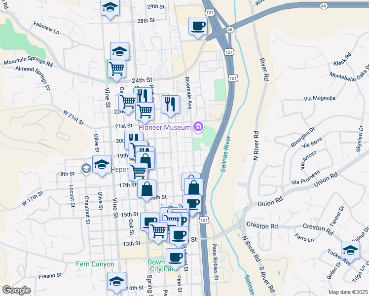 map of restaurants, bars, coffee shops, grocery stores, and more near 1021 19th Street in Paso Robles