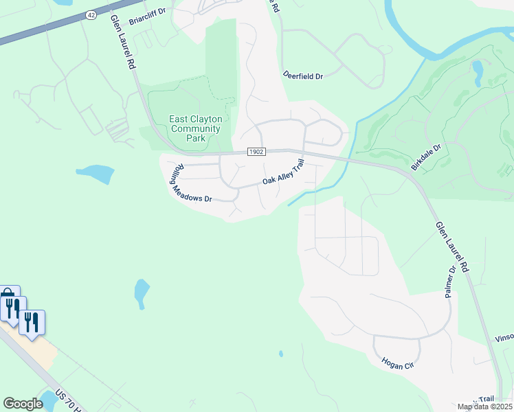map of restaurants, bars, coffee shops, grocery stores, and more near 84 Hemlock Green Lane in Clayton