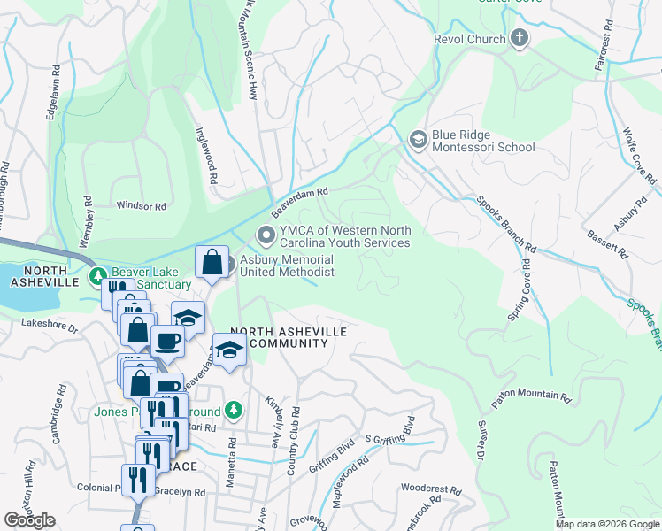 map of restaurants, bars, coffee shops, grocery stores, and more near 132 Beaver Ridge Road in Asheville