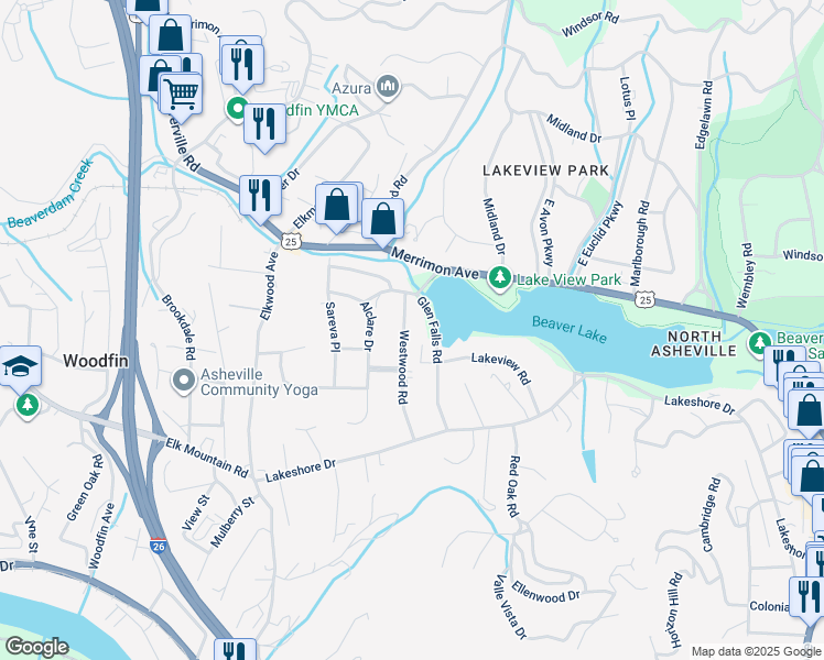 map of restaurants, bars, coffee shops, grocery stores, and more near 113 Westwood Road in Asheville