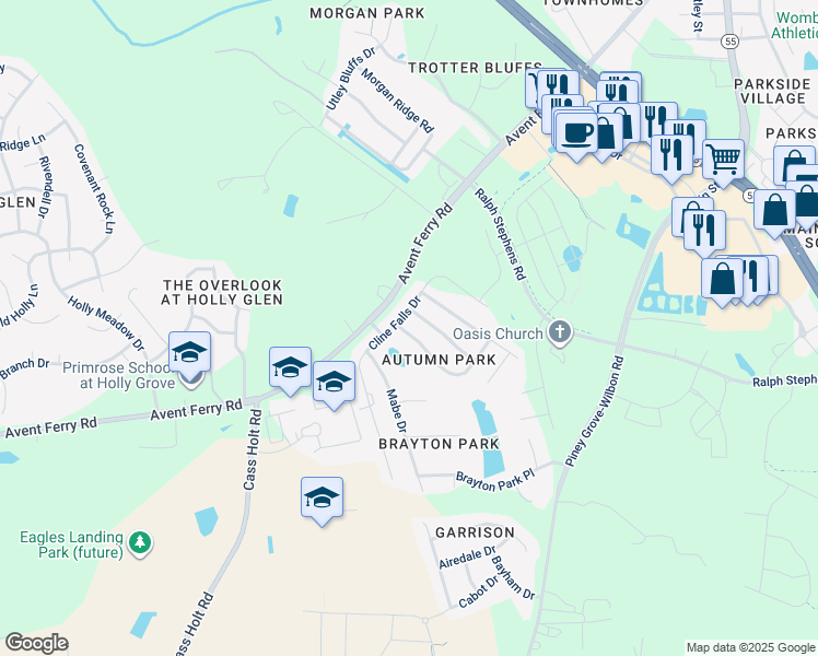 map of restaurants, bars, coffee shops, grocery stores, and more near 105 Chandler Springs Drive in Holly Springs