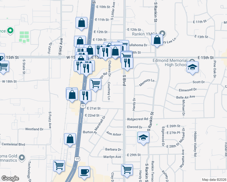 map of restaurants, bars, coffee shops, grocery stores, and more near 120 South Avenue in Edmond