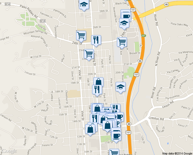 map of restaurants, bars, coffee shops, grocery stores, and more near 1900 Spring Street in Paso Robles