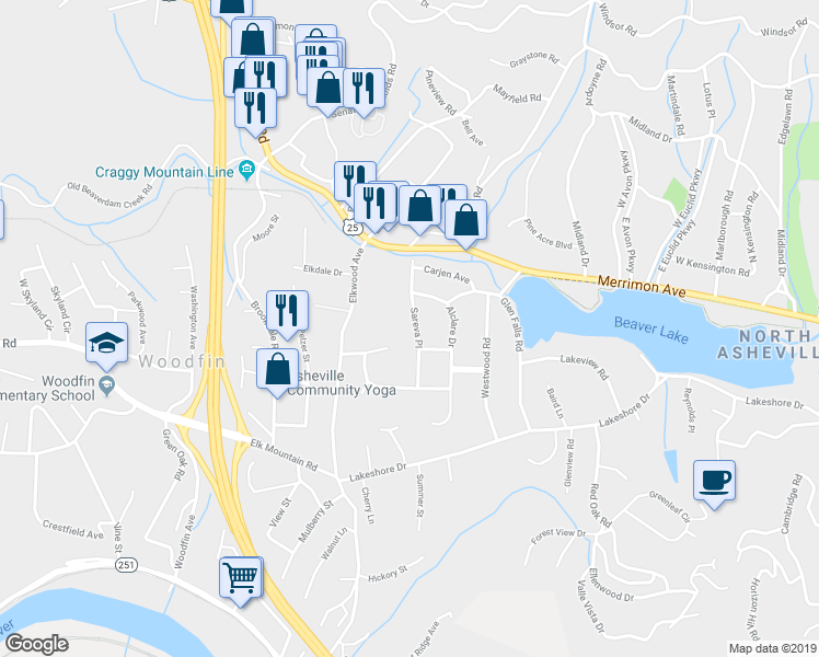 map of restaurants, bars, coffee shops, grocery stores, and more near 17 Sareva Place in Asheville