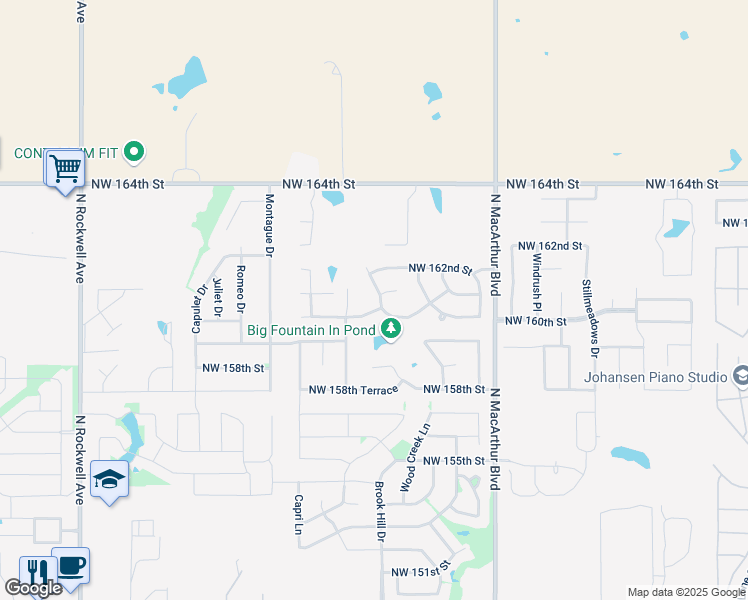 map of restaurants, bars, coffee shops, grocery stores, and more near 16105 Fair Winds Way in Edmond