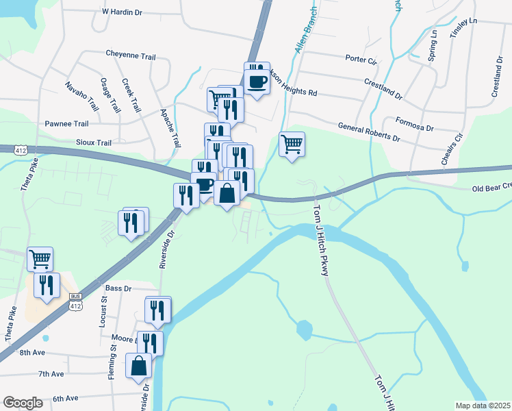 map of restaurants, bars, coffee shops, grocery stores, and more near 142 Bear Creek Pike in Columbia