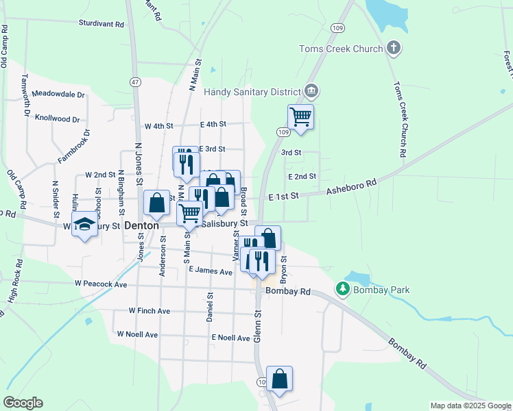 map of restaurants, bars, coffee shops, grocery stores, and more near 17686 East 1st Street in Denton