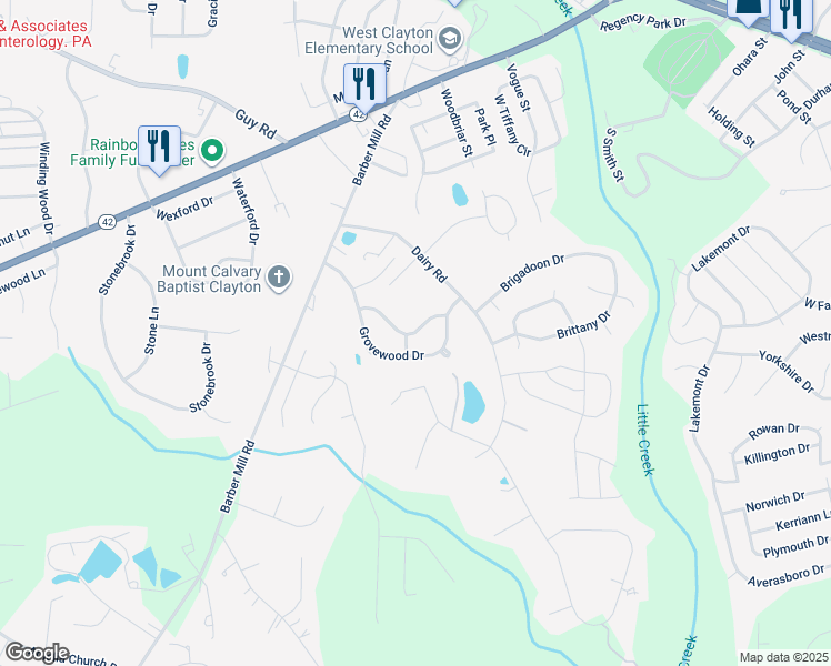 map of restaurants, bars, coffee shops, grocery stores, and more near 2001 McKinnon Drive in Clayton