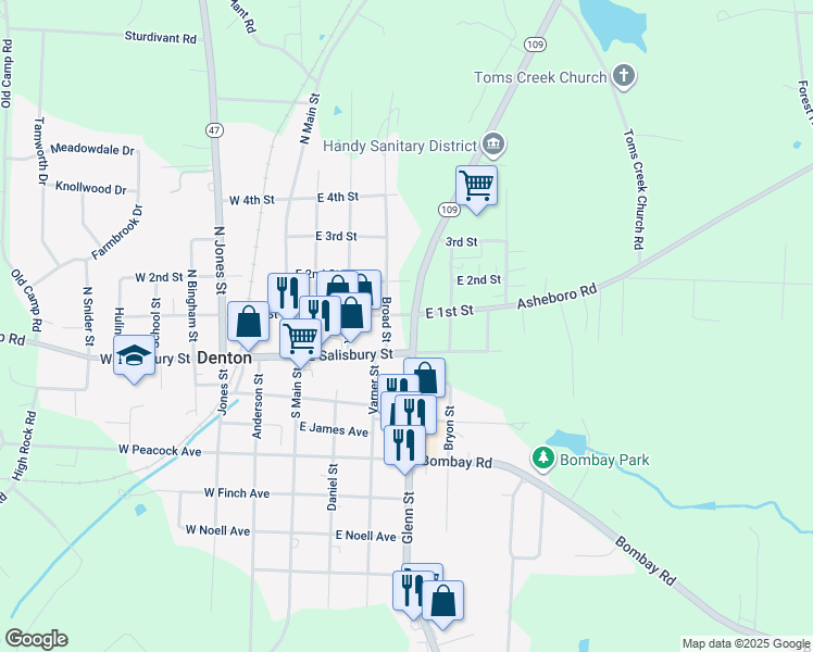 map of restaurants, bars, coffee shops, grocery stores, and more near 17686 East 1st Street in Denton