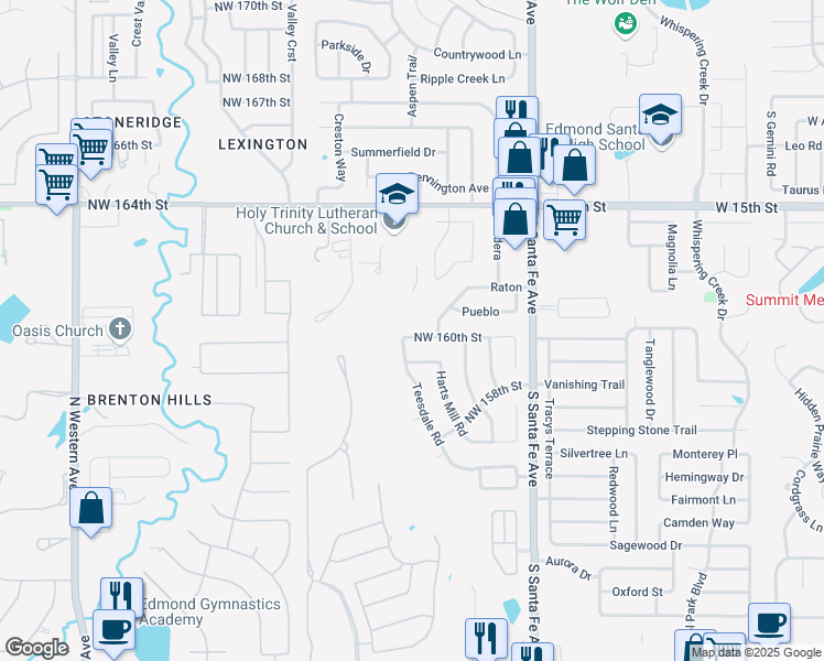 map of restaurants, bars, coffee shops, grocery stores, and more near 213 Northwest 160th Street in Edmond