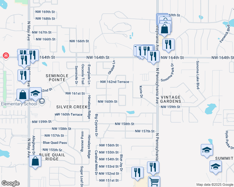 map of restaurants, bars, coffee shops, grocery stores, and more near 16117 Wind Drive in Edmond