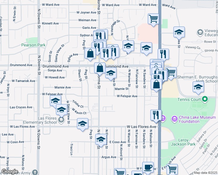 map of restaurants, bars, coffee shops, grocery stores, and more near 722 North Norma Street in Ridgecrest