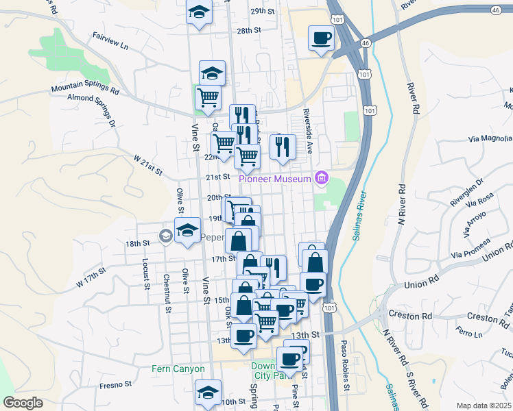 map of restaurants, bars, coffee shops, grocery stores, and more near 1929 Park Street in Paso Robles