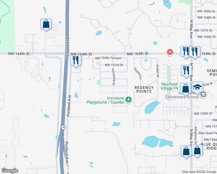 map of restaurants, bars, coffee shops, grocery stores, and more near 3417 Northwest 159th Street in Edmond
