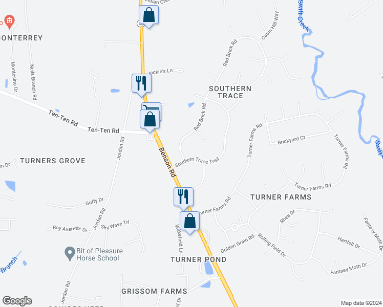 map of restaurants, bars, coffee shops, grocery stores, and more near 1017 Southern Trace Trail in Garner