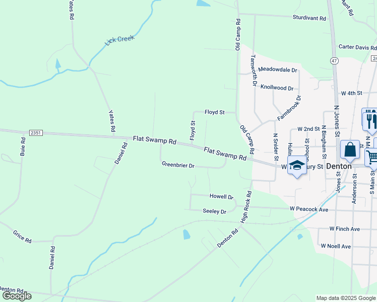 map of restaurants, bars, coffee shops, grocery stores, and more near 867 Flat Swamp Road in Denton