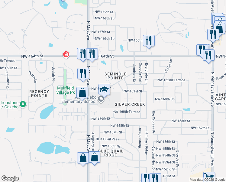 map of restaurants, bars, coffee shops, grocery stores, and more near 2709 Northwest 161st Circle in Edmond