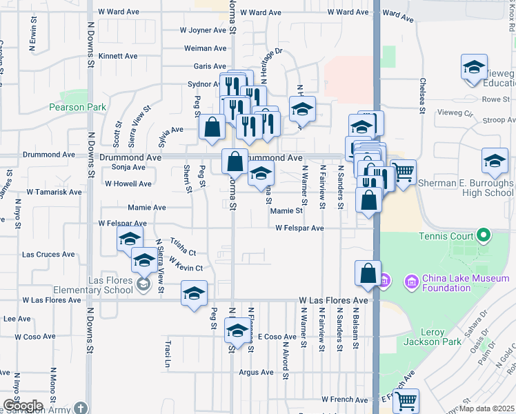 map of restaurants, bars, coffee shops, grocery stores, and more near 720 North Florence Street in Ridgecrest