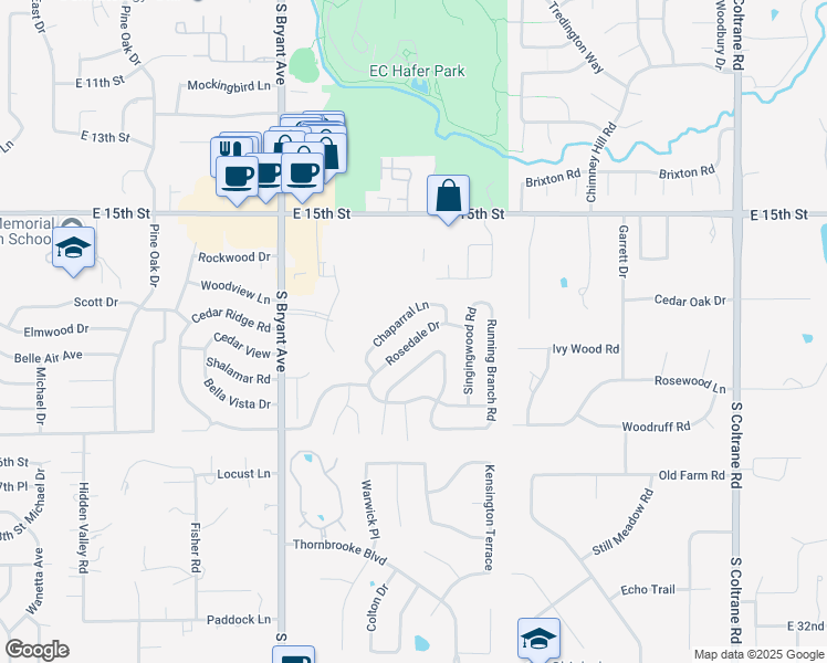 map of restaurants, bars, coffee shops, grocery stores, and more near 1901 Rosedale Drive in Edmond
