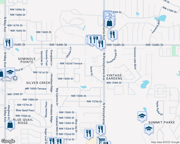 map of restaurants, bars, coffee shops, grocery stores, and more near 16009 Korie Drive in Edmond