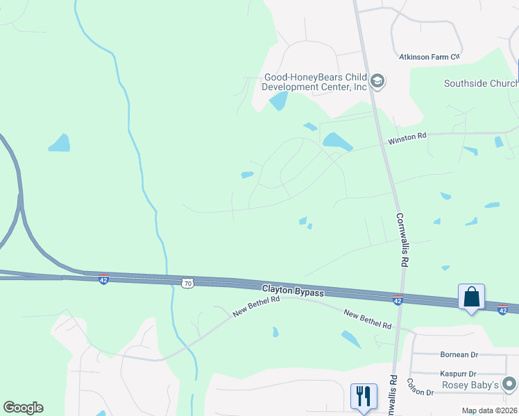 map of restaurants, bars, coffee shops, grocery stores, and more near Oak Branch Trail in Johnston County
