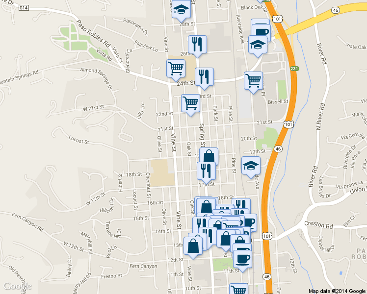 map of restaurants, bars, coffee shops, grocery stores, and more near 1929 Oak Street in Paso Robles
