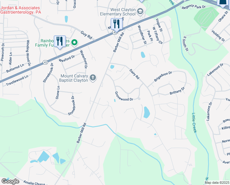 map of restaurants, bars, coffee shops, grocery stores, and more near 1257 Grovewood Drive in Clayton