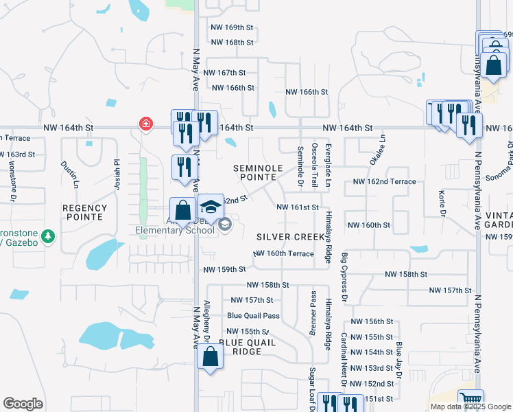 map of restaurants, bars, coffee shops, grocery stores, and more near 16200 Clear Creek Drive in Edmond