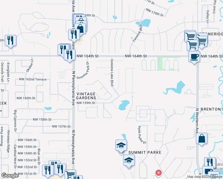 map of restaurants, bars, coffee shops, grocery stores, and more near 16105 Sonoma Lake Boulevard in Edmond