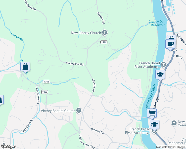 map of restaurants, bars, coffee shops, grocery stores, and more near 323 Olivette Road in Asheville