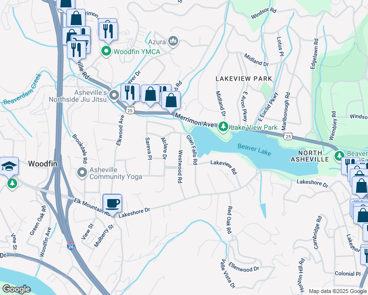 map of restaurants, bars, coffee shops, grocery stores, and more near 111 Westwood Road in Asheville