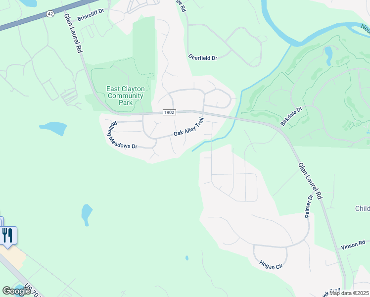 map of restaurants, bars, coffee shops, grocery stores, and more near 85 Standing Oaks Lane in Clayton